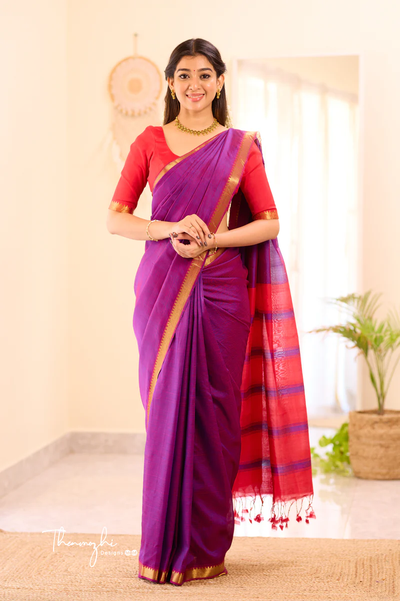 Purple and Red Mangalagiri Semi Silk Cotton Saree